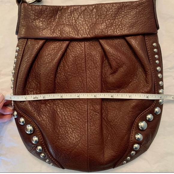 B. Makowski Genuine Brown Leather Silver Studded Crossbody Bag. - Picture 12 of 13